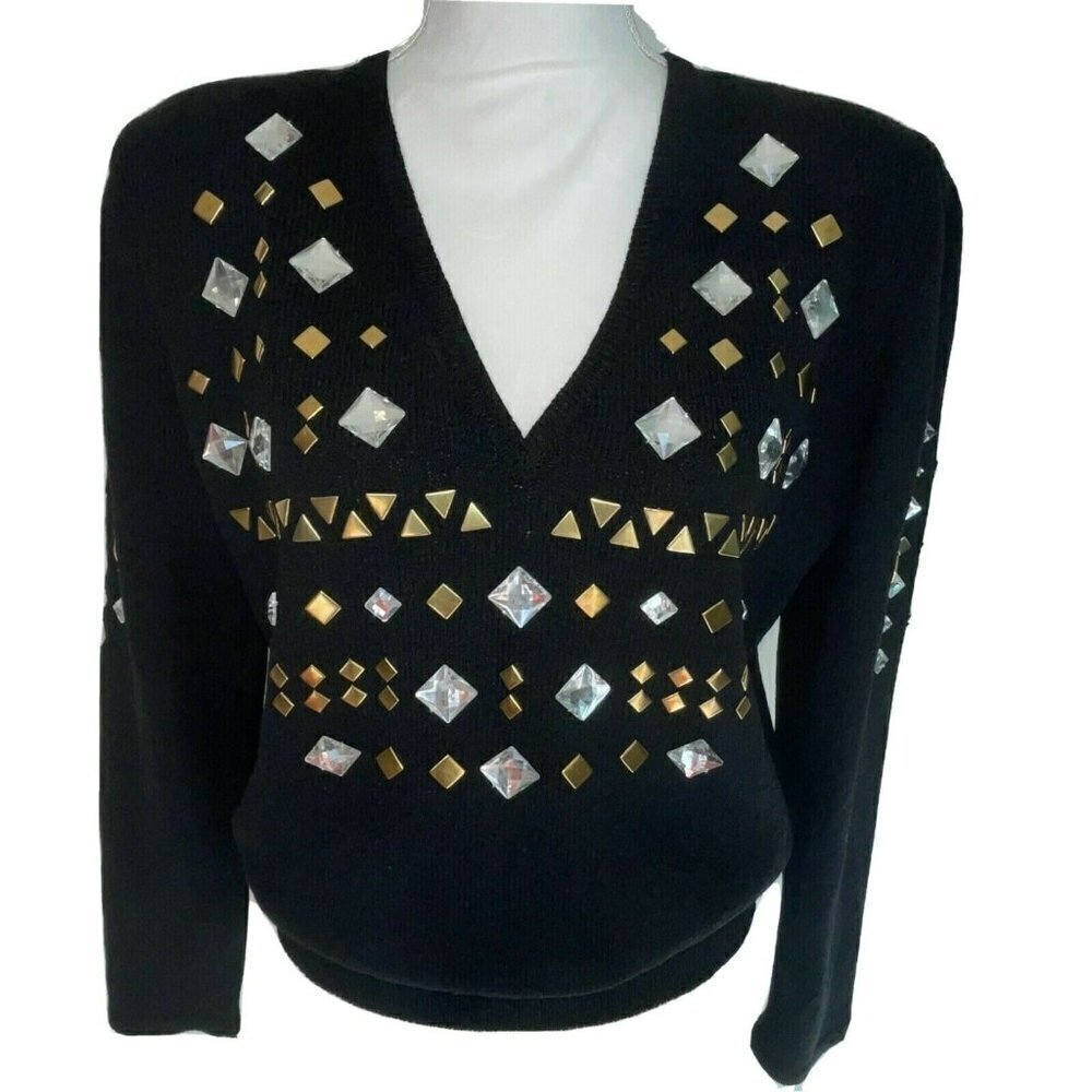 Knit Sweater Womens Vintage Embellished Black Shoulder Pads High Quality